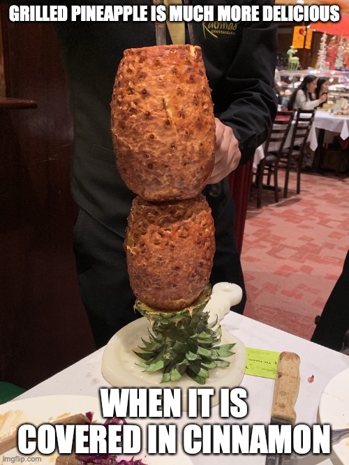 Grilled Pineapple | GRILLED PINEAPPLE IS MUCH MORE DELICIOUS; WHEN IT IS COVERED IN CINNAMON | image tagged in pineapple,fruit,memes,food | made w/ Imgflip meme maker