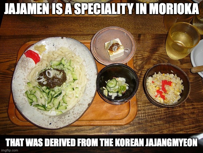 Jajamen | JAJAMEN IS A SPECIALITY IN MORIOKA; THAT WAS DERIVED FROM THE KOREAN JAJANGMYEON | image tagged in food,memes | made w/ Imgflip meme maker