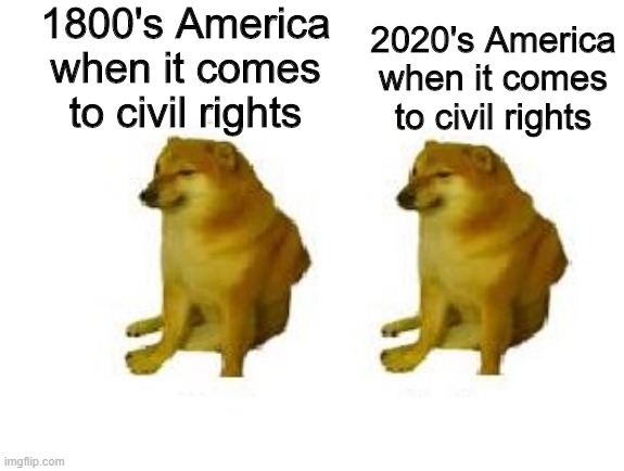 Double Cheems meme | 1800's America when it comes to civil rights; 2020's America when it comes to civil rights | image tagged in cheems vs cheems,memes | made w/ Imgflip meme maker