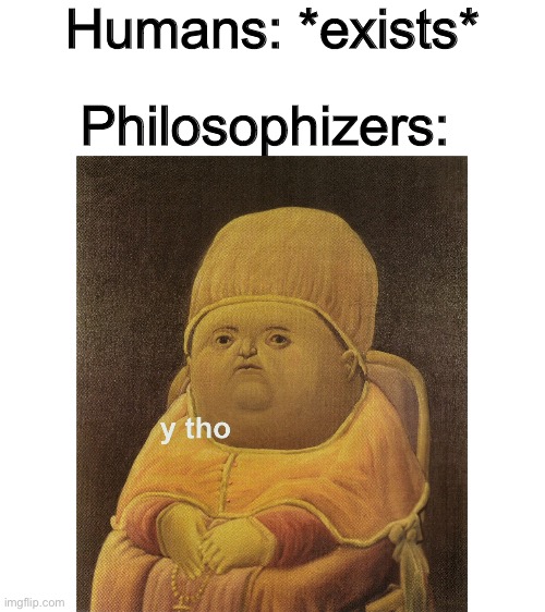 Humans: *exists*; Philosophizers: | image tagged in blank white template,y tho,philosophy,funny,memes | made w/ Imgflip meme maker