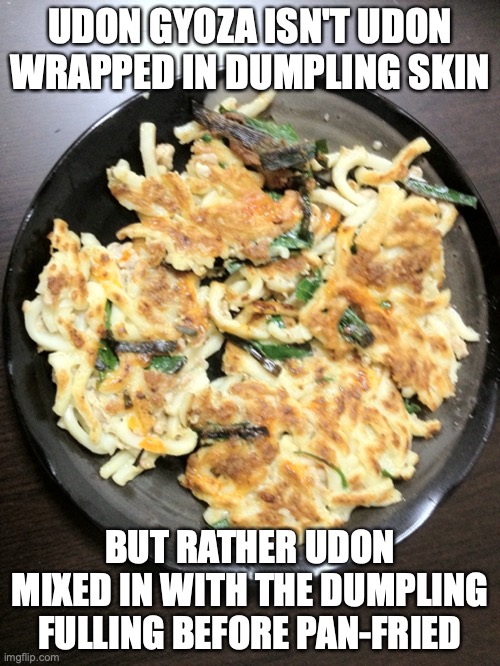 Udon Gyoza | UDON GYOZA ISN'T UDON WRAPPED IN DUMPLING SKIN; BUT RATHER UDON MIXED IN WITH THE DUMPLING FULLING BEFORE PAN-FRIED | image tagged in food,memes | made w/ Imgflip meme maker