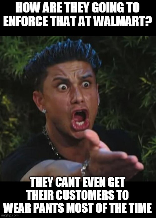 DJ Pauly D Meme | HOW ARE THEY GOING TO ENFORCE THAT AT WALMART? THEY CANT EVEN GET THEIR CUSTOMERS TO WEAR PANTS MOST OF THE TIME | image tagged in memes,dj pauly d | made w/ Imgflip meme maker