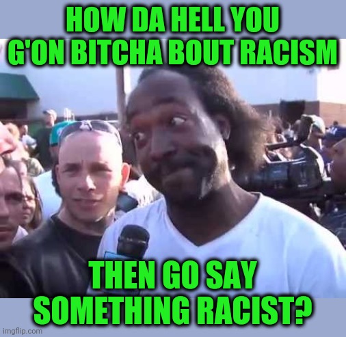 HOW DA HELL YOU G'ON BITCHA BOUT RACISM THEN GO SAY SOMETHING RACIST? | image tagged in how you go'n' | made w/ Imgflip meme maker