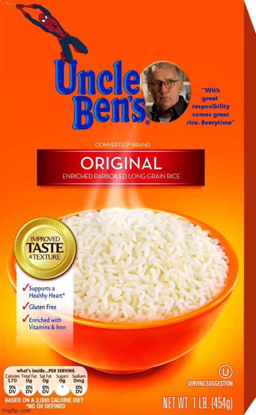 Uncle Ben's rice gets the rebrand. | image tagged in uncle bens rice,uncle ben,rice,spiderman,rebrand,cancel culture | made w/ Imgflip meme maker