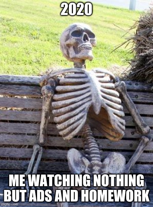 Waiting Skeleton | 2020; ME WATCHING NOTHING BUT ADS AND HOMEWORK | image tagged in memes,waiting skeleton | made w/ Imgflip meme maker