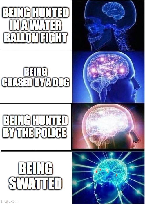 thaw smart you are when being hunted | BEING HUNTED IN A WATER BALLON FIGHT; BEING CHASED BY A DOG; BEING HUNTED BY THE POLICE; BEING SWATTED | image tagged in memes,expanding brain | made w/ Imgflip meme maker