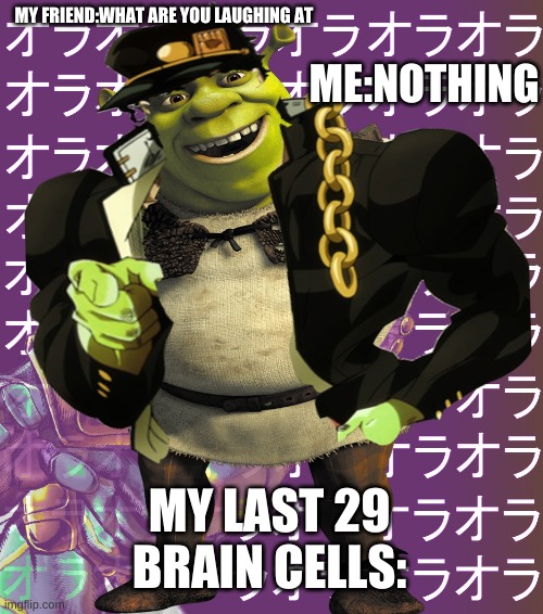 shrek jojo | MY FRIEND:WHAT ARE YOU LAUGHING AT; ME:NOTHING; MY LAST 29 BRAIN CELLS: | image tagged in jojo's bizarre adventure,shrek,jotaro,teacher what are you laughing at,memes,funny | made w/ Imgflip meme maker