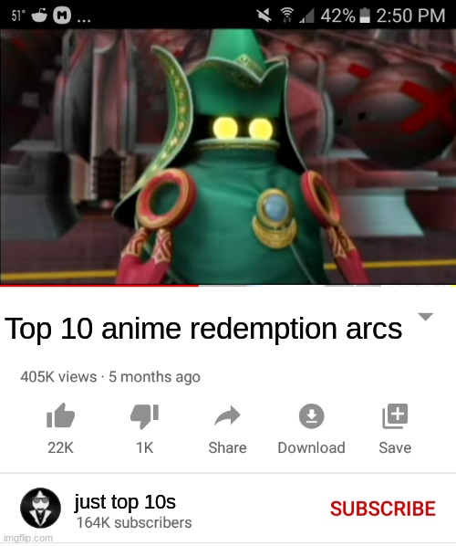 Top 10 anime redemption arcs | Top 10 anime redemption arcs; just top 10s | image tagged in youtube video,super smash bros,ssbb,subspace emissary | made w/ Imgflip meme maker