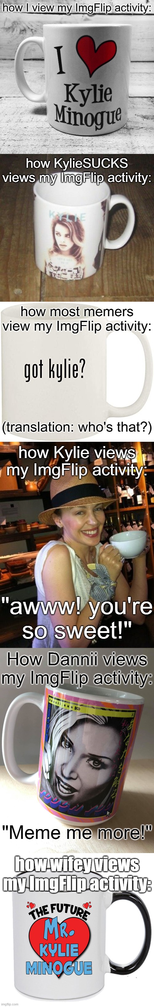 Rough guide to my pattern of interaction with ImgFlip | how I view my ImgFlip activity:; how KylieSUCKS views my ImgFlip activity:; how most memers view my ImgFlip activity:; (translation: who's that?); how Kylie views my ImgFlip activity:; "awww! you're so sweet!"; How Dannii views my ImgFlip activity:; "Meme me more!"; how wifey views my ImgFlip activity: | image tagged in dannii coffee mug,kylie coffee mug,imgflipper,imgflip humor,the daily struggle imgflip edition,first world imgflip problems | made w/ Imgflip meme maker