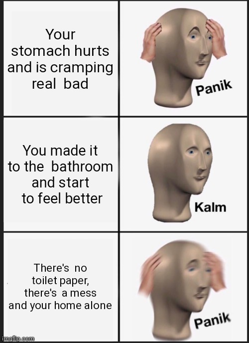 Anyone had this problem? Lol First time using this template to, tried  to be original  with it... | Your stomach hurts and is cramping real  bad; You made it to the  bathroom and start  to feel better; There's  no toilet paper, there's  a mess and your home alone | image tagged in memes,panik kalm panik | made w/ Imgflip meme maker