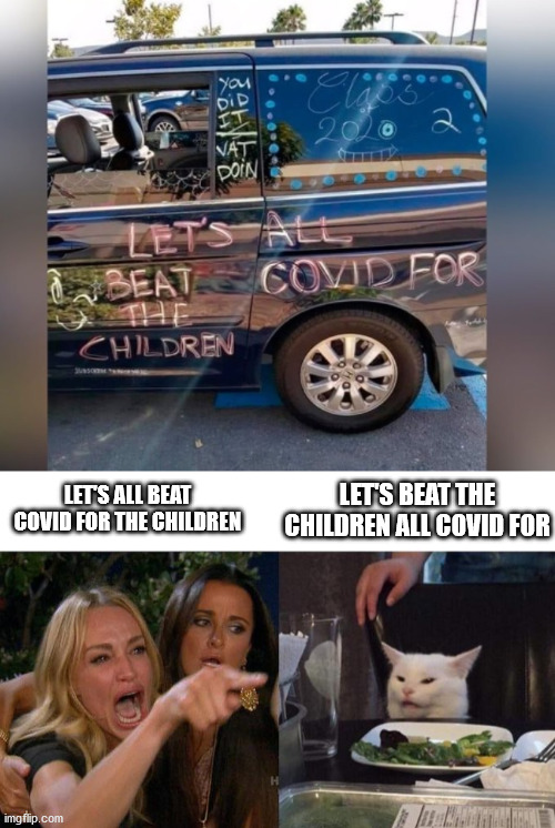 Beat the children | LET'S BEAT THE CHILDREN ALL COVID FOR; LET'S ALL BEAT COVID FOR THE CHILDREN | image tagged in memes,woman yelling at cat | made w/ Imgflip meme maker