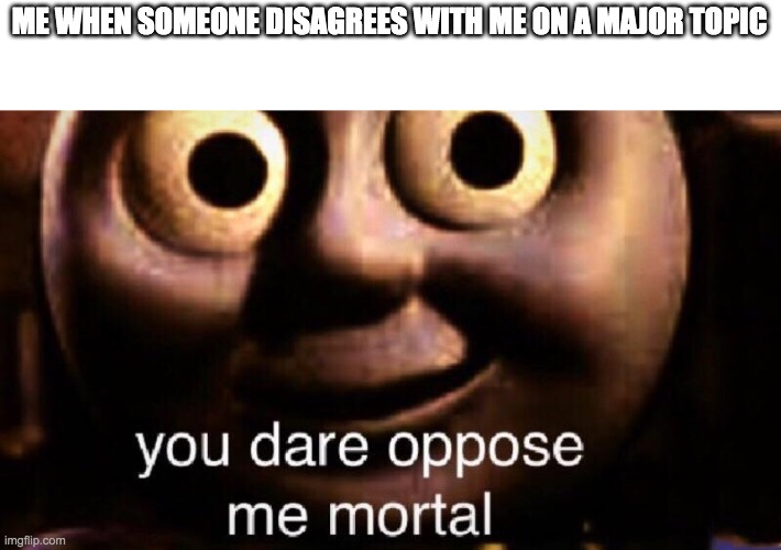 example; superior video games, etc | ME WHEN SOMEONE DISAGREES WITH ME ON A MAJOR TOPIC | image tagged in you dare oppose me mortal | made w/ Imgflip meme maker