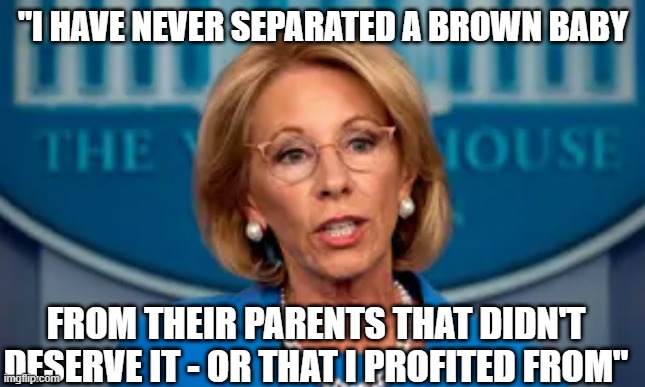 "I HAVE NEVER SEPARATED A BROWN BABY; FROM THEIR PARENTS THAT DIDN'T DESERVE IT - OR THAT I PROFITED FROM" | image tagged in betsy devos | made w/ Imgflip meme maker