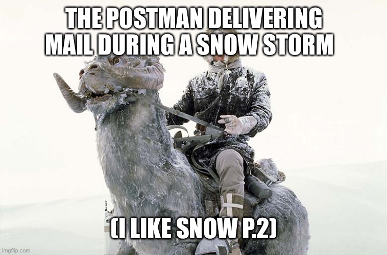 Han Solo hoth snow | THE POSTMAN DELIVERING MAIL DURING A SNOW STORM; (I LIKE SNOW P.2) | image tagged in han solo hoth snow | made w/ Imgflip meme maker