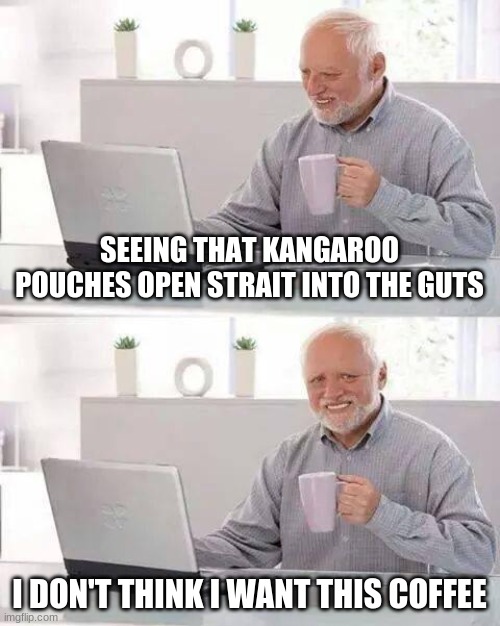 Hide the Pain Harold | SEEING THAT KANGAROO POUCHES OPEN STRAIT INTO THE GUTS; I DON'T THINK I WANT THIS COFFEE | image tagged in memes,hide the pain harold | made w/ Imgflip meme maker