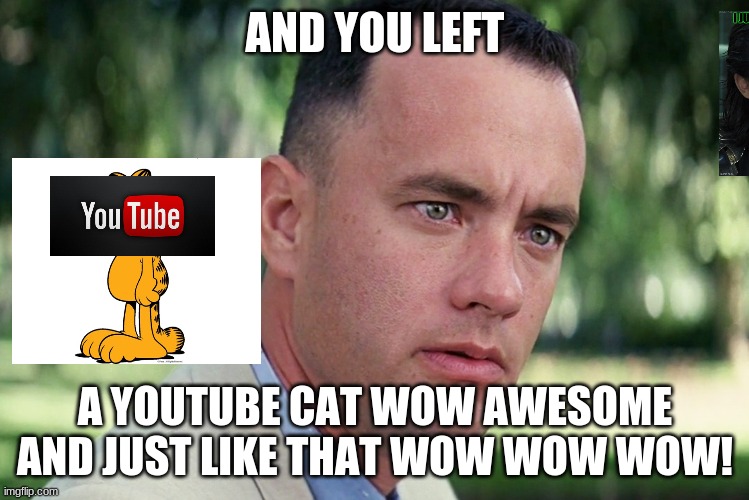 And Just Like That | AND YOU LEFT; A YOUTUBE CAT WOW AWESOME AND JUST LIKE THAT WOW WOW WOW! | image tagged in memes,and just like that | made w/ Imgflip meme maker