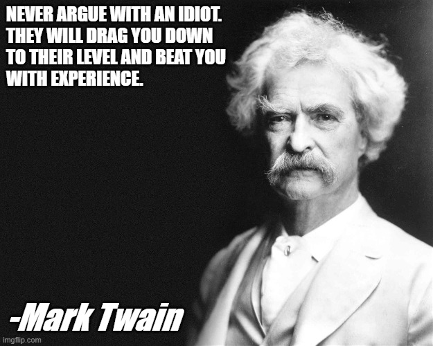 Mark Twain | NEVER ARGUE WITH AN IDIOT. 

THEY WILL DRAG YOU DOWN 
TO THEIR LEVEL AND BEAT YOU 
WITH EXPERIENCE. -Mark Twain | image tagged in mark twain | made w/ Imgflip meme maker
