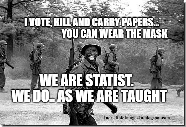 Nazi Killer | I VOTE, KILL AND CARRY PAPERS...                         YOU CAN WEAR THE MASK; WE ARE STATIST.    WE DO.. AS WE ARE TAUGHT | image tagged in nazi killer | made w/ Imgflip meme maker