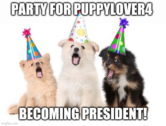 Yay!!!!!! | PARTY FOR PUPPYLOVER4; BECOMING PRESIDENT! | image tagged in happy birthday puppies | made w/ Imgflip meme maker
