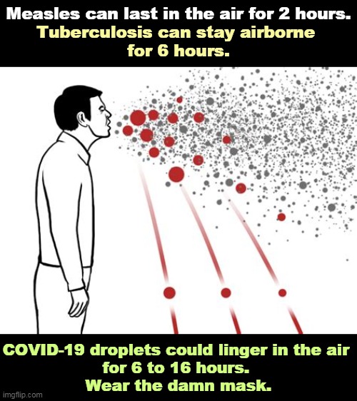 It's not just a disease for old people either. | Measles can last in the air for 2 hours. Tuberculosis can stay airborne 
for 6 hours. COVID-19 droplets could linger in the air 
for 6 to 16 hours. 
Wear the damn mask. | image tagged in how an airborne virus spreads,covid-19,coronavirus,measles,drop | made w/ Imgflip meme maker