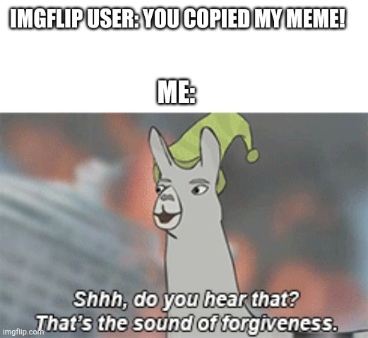 I don't copy memes! | IMGFLIP USER: YOU COPIED MY MEME! ME: | image tagged in memes,funny,llamas with hats,imgflip humor,imgflip users | made w/ Imgflip meme maker