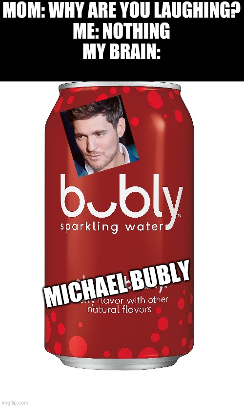 Why are you laughing? | MOM: WHY ARE YOU LAUGHING?
ME: NOTHING
MY BRAIN:; MICHAEL BUBLY | image tagged in memes,why are you laughing,michael buble,sparkling water,bubly,funny | made w/ Imgflip meme maker