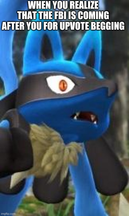 FBI OPEN UP | WHEN YOU REALIZE THAT THE FBI IS COMING AFTER YOU FOR UPVOTE BEGGING | image tagged in memes,lucario | made w/ Imgflip meme maker