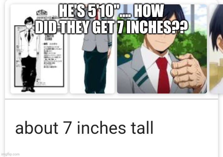 Tenya Iida | HE'S 5'10".... HOW DID THEY GET 7 INCHES?? | image tagged in anime,memes,tenya iida,my hero academia,bnha,boku no hero academia | made w/ Imgflip meme maker