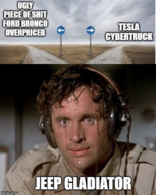 Which would you choose? | UGLY PIECE OF SHIT FORD BRONCO OVERPRICED; TESLA CYBERTRUCK; JEEP GLADIATOR | image tagged in sweating the choices | made w/ Imgflip meme maker