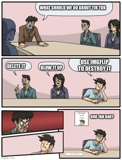 That was unexpected | WHAT SHOULD WE DO ABOUT TIK TOK; USE IMGFLIP TO DESTROY IT; DELETE IT; BLOW IT UP; BOO YAH BABY | image tagged in boardroom meeting unexpected ending | made w/ Imgflip meme maker