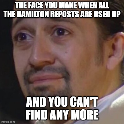 i made this lol (not like this is going to happen anytime soon) | THE FACE YOU MAKE WHEN ALL THE HAMILTON REPOSTS ARE USED UP; AND YOU CAN'T FIND ANY MORE | image tagged in sad hamilton,memes,funny,hamilton | made w/ Imgflip meme maker