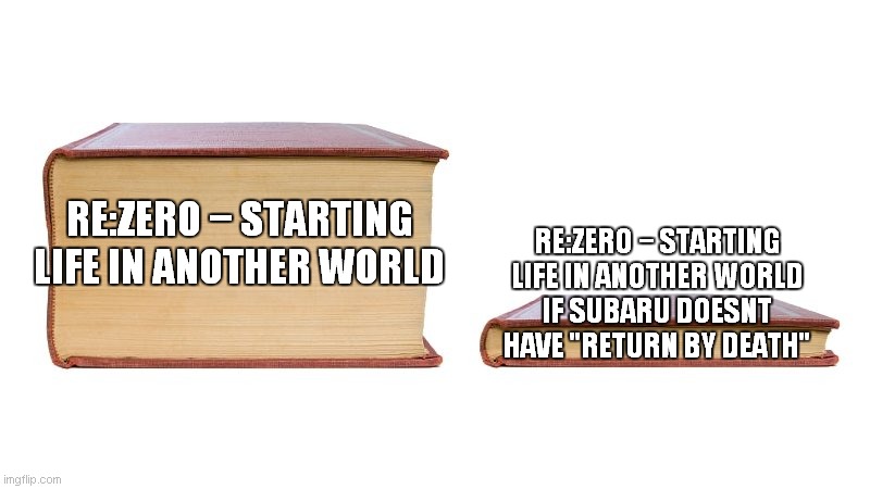 :/ | RE:ZERO − STARTING LIFE IN ANOTHER WORLD; RE:ZERO − STARTING LIFE IN ANOTHER WORLD
IF SUBARU DOESNT HAVE "RETURN BY DEATH" | image tagged in thick book thin book | made w/ Imgflip meme maker