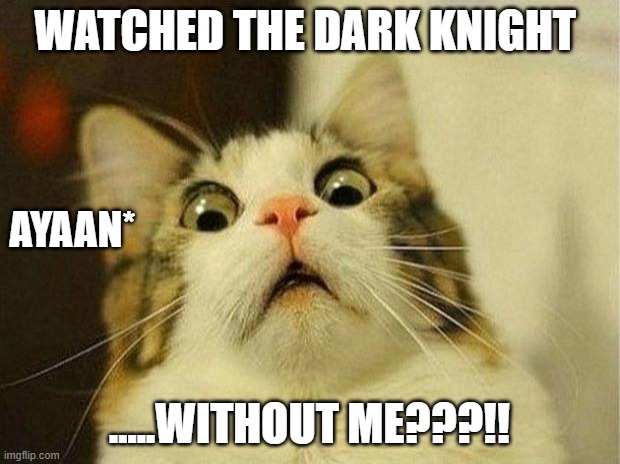 Scared Cat Meme | WATCHED THE DARK KNIGHT; AYAAN*; .....WITHOUT ME???!! | image tagged in memes,scared cat | made w/ Imgflip meme maker