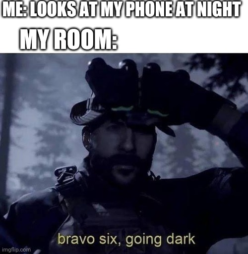 Posting this in the exact same situation | ME: LOOKS AT MY PHONE AT NIGHT; MY ROOM: | image tagged in bravo six going dark | made w/ Imgflip meme maker