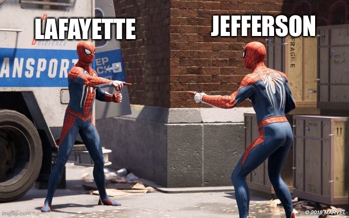 2 important people, one actor | JEFFERSON; LAFAYETTE | image tagged in 2 spider man,thomas jefferson | made w/ Imgflip meme maker