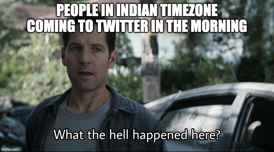 tweet twit boop? | PEOPLE IN INDIAN TIMEZONE COMING TO TWITTER IN THE MORNING | image tagged in what the hell happened here | made w/ Imgflip meme maker