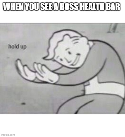 What a minute... | WHEN YOU SEE A BOSS HEALTH BAR | image tagged in fallout hold up | made w/ Imgflip meme maker