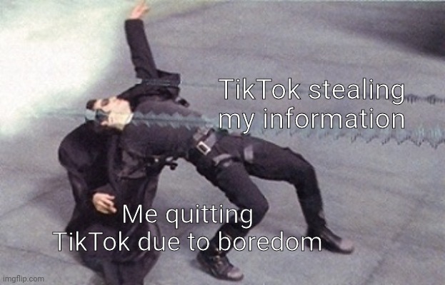 It was fun while it lasted | TikTok stealing my information; Me quitting TikTok due to boredom | image tagged in neo dodging a bullet matrix,tik tok,matrix | made w/ Imgflip meme maker