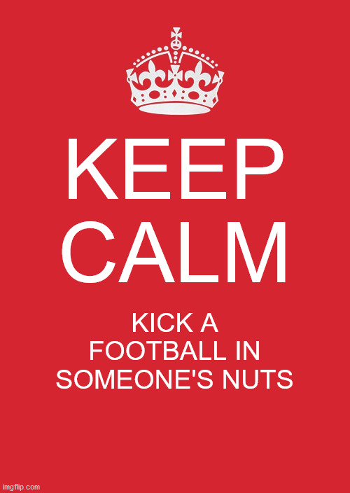 that was nutty | KEEP
CALM; KICK A FOOTBALL IN SOMEONE'S NUTS | image tagged in memes,keep calm and carry on red,funny,keep calm,football,hurt | made w/ Imgflip meme maker