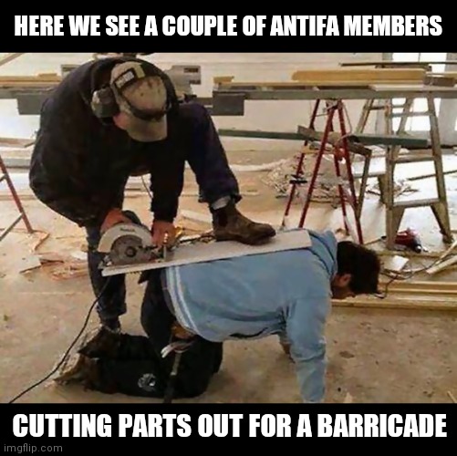HERE WE SEE A COUPLE OF ANTIFA MEMBERS; CUTTING PARTS OUT FOR A BARRICADE | image tagged in safety first | made w/ Imgflip meme maker