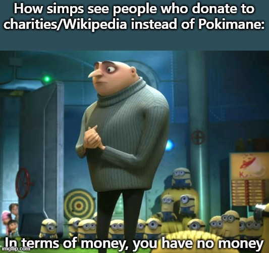 In terms of money, we have no money | How simps see people who donate to charities/Wikipedia instead of Pokimane:; In terms of money, you have no money | image tagged in in terms of money we have no money | made w/ Imgflip meme maker
