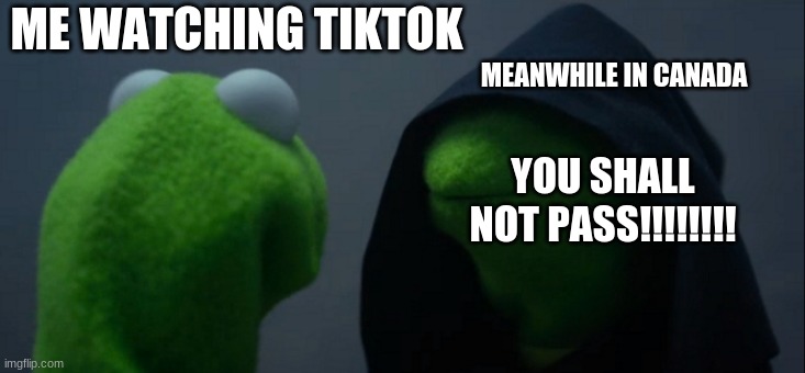 Evil Kermit | MEANWHILE IN CANADA; ME WATCHING TIKTOK; YOU SHALL NOT PASS!!!!!!!! | image tagged in memes,evil kermit | made w/ Imgflip meme maker