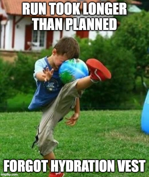 Hydration Fail | RUN TOOK LONGER THAN PLANNED; FORGOT HYDRATION VEST | image tagged in fail,running | made w/ Imgflip meme maker
