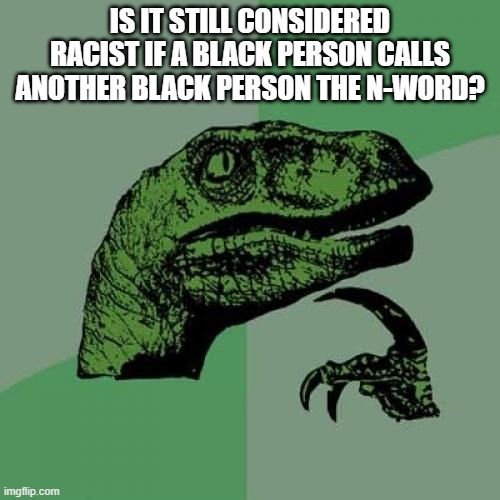 Good question, don't ya think? | IS IT STILL CONSIDERED RACIST IF A BLACK PERSON CALLS ANOTHER BLACK PERSON THE N-WORD? | image tagged in memes,philosoraptor,racism,black people | made w/ Imgflip meme maker