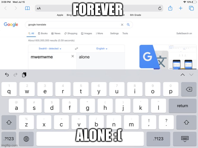 FOREVER ALONE :( | FOREVER; ALONE :( | image tagged in google translate | made w/ Imgflip meme maker