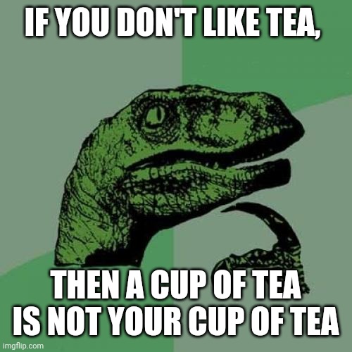 Philosoraptor Meme | IF YOU DON'T LIKE TEA, THEN A CUP OF TEA IS NOT YOUR CUP OF TEA | image tagged in memes,philosoraptor | made w/ Imgflip meme maker