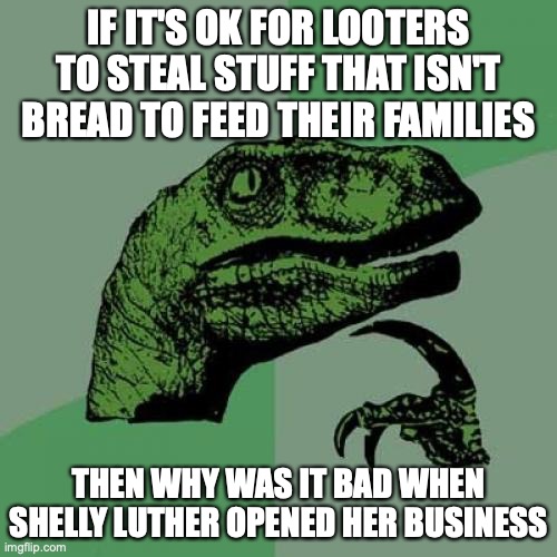 Philosoraptor | IF IT'S OK FOR LOOTERS TO STEAL STUFF THAT ISN'T BREAD TO FEED THEIR FAMILIES; THEN WHY WAS IT BAD WHEN SHELLY LUTHER OPENED HER BUSINESS | image tagged in memes,philosoraptor | made w/ Imgflip meme maker