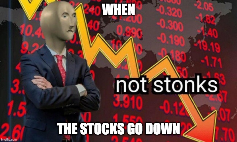 not stonks | WHEN; THE STOCKS GO DOWN | image tagged in not stonks | made w/ Imgflip meme maker