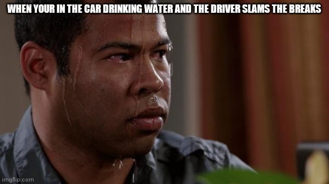sweating bullets | WHEN YOUR IN THE CAR DRINKING WATER AND THE DRIVER SLAMS THE BREAKS | image tagged in sweating bullets | made w/ Imgflip meme maker