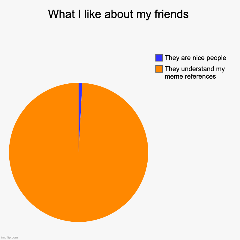 What I like about my friends | What I like about my friends | They understand my meme references, They are nice people | image tagged in charts,pie charts | made w/ Imgflip chart maker